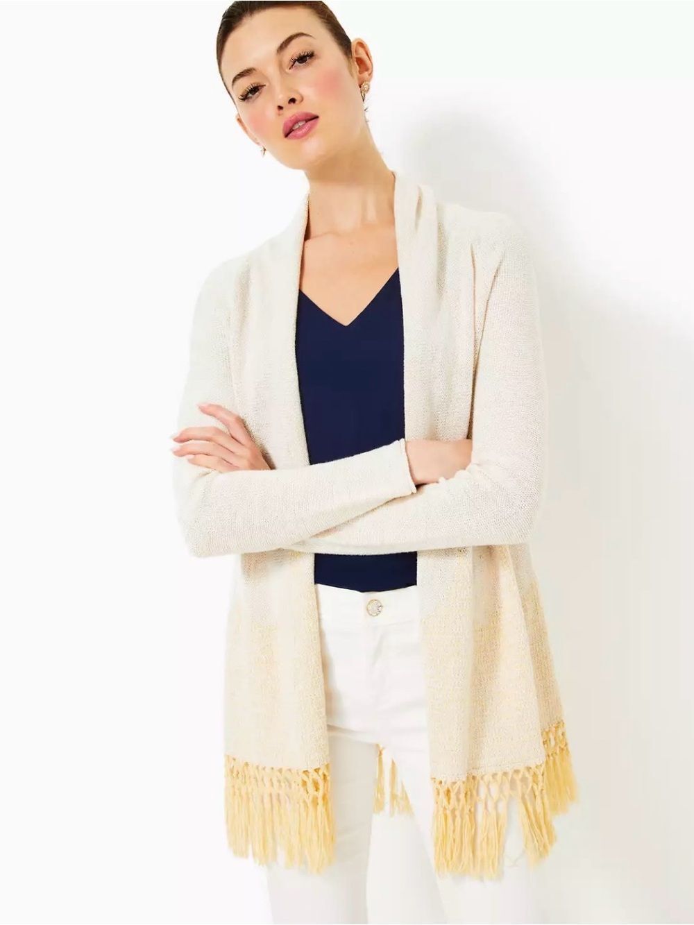 Lilly Pulitzer Tatum Long Fringe Hem Cardigan Ivory/Gold/Metallic Size XS